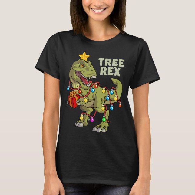Camiseta Árvore das Luzes do Dinossauro Natal Rex (Frente)