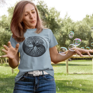 Camiseta Árvore de Banyan Yin Yang da Vida Azul Monocromáti