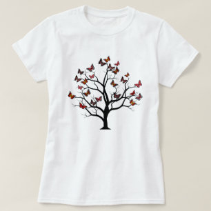 Camiseta Árvore de Borboleta Marrom-laranja-vermelha-Vintag