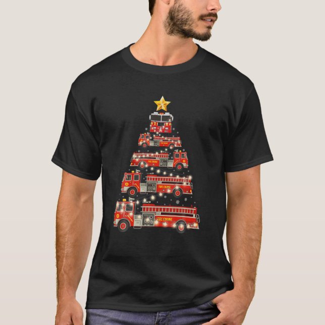 Camiseta Árvore de Caminhão de Fogo do Bombeiro Xmas Pijama (Frente)