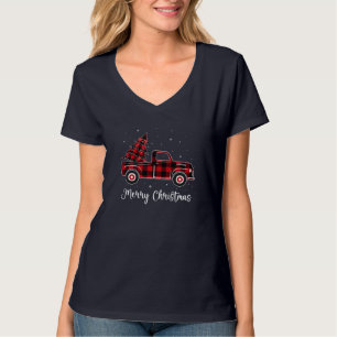 Camiseta Árvore de Caminhão de Xadrez Vermelha Feliz de Nat