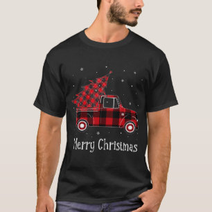 Camiseta Árvore de Caminhão de Xadrez Vermelha Feliz de Nat