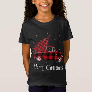 Camiseta Árvore de Caminhão de Xadrez Vermelha Feliz de Nat
