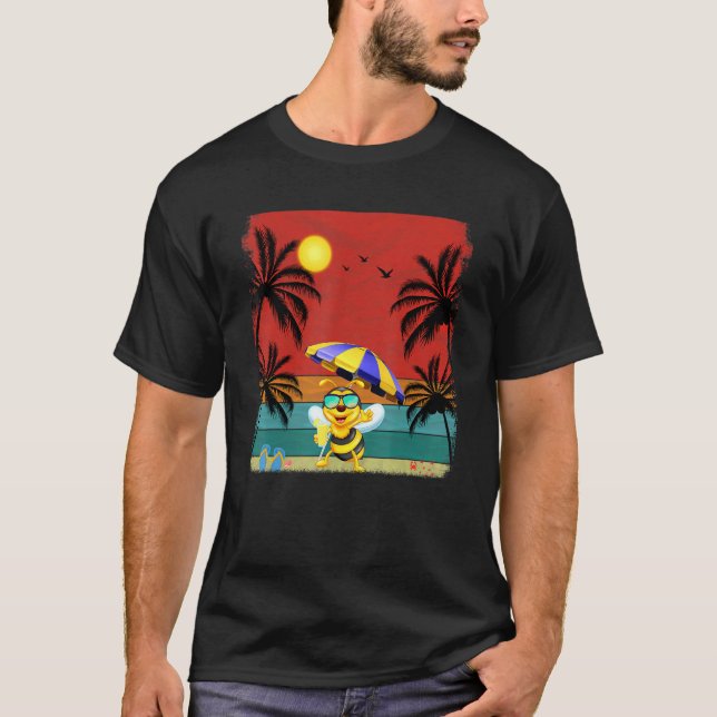 Camiseta Árvore de Coco de Praia - Retro Gráfico de Abelhas (Frente)