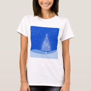 Camiseta Árvore de Natal Azul Branco Estrelas Luz Noturna