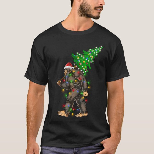 Camiseta Árvore de Natal Bigfoot Luzes Xmas Sasquatch Lover (Frente)