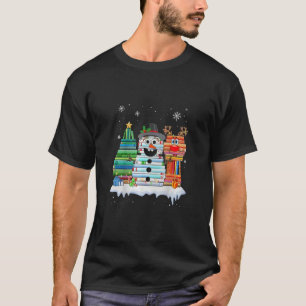 Camiseta Árvore de Natal Boneco de Neve Rena Pilha de Livro