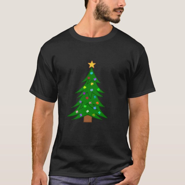 Camiseta Árvore de Natal Bonita com Ornamentos de Peça Queb (Frente)