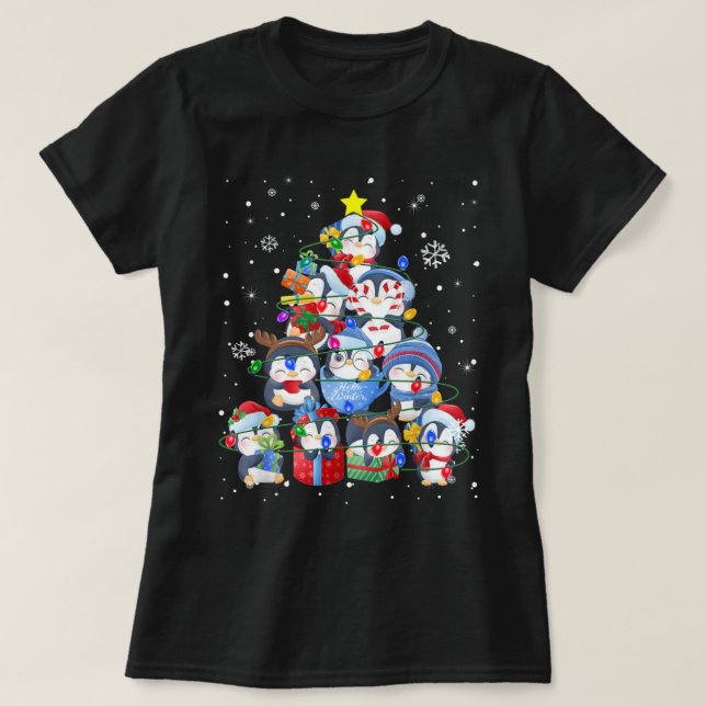 Camiseta Árvore de Natal Bonita Pinguim, Árvore de Presente (Frente do Design)