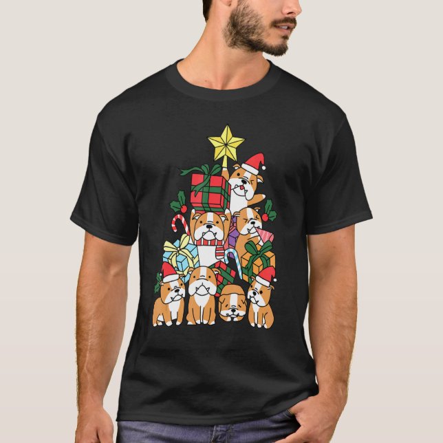 Camiseta Árvore de Natal Boxer Cães Pitbull Ideia de Natal (Frente)