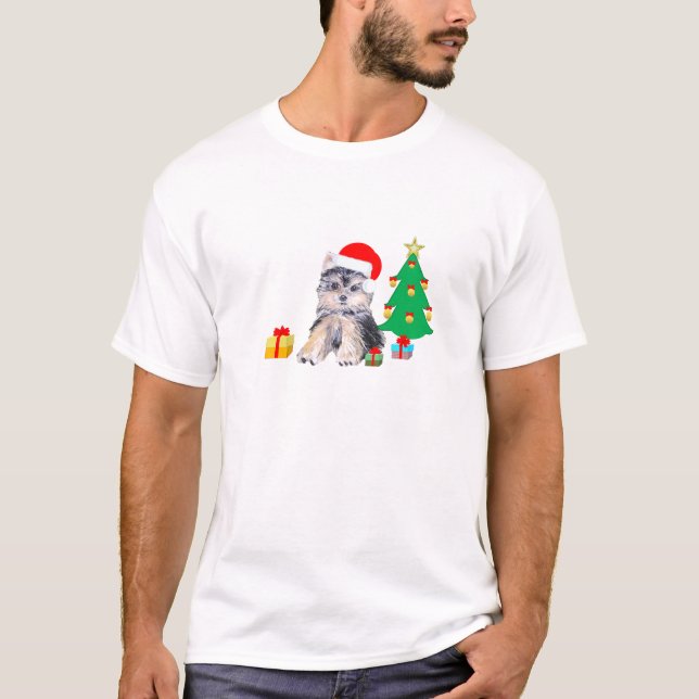Camiseta Árvore de Natal, cachorro Yorkshire e presentes (Frente)