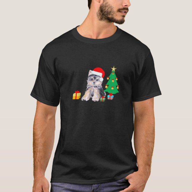 Camiseta Árvore de Natal, cachorro Yorkshire e presentes (Frente)