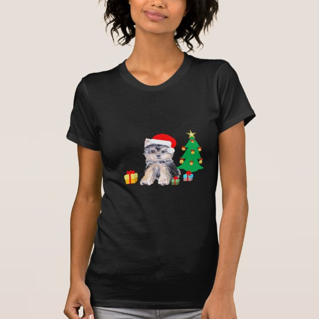 Camiseta Árvore de Natal, cachorro Yorkshire e presentes (Frente)
