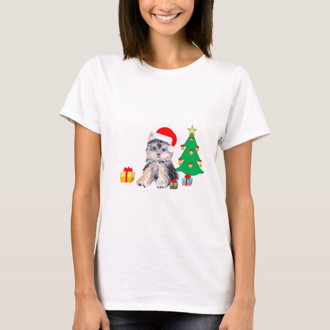 Camiseta Árvore de Natal, cachorro Yorkshire e presentes (Frente)