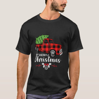 Camiseta Árvore de Natal Caminhão Vermelho Xadrez de Búfalo