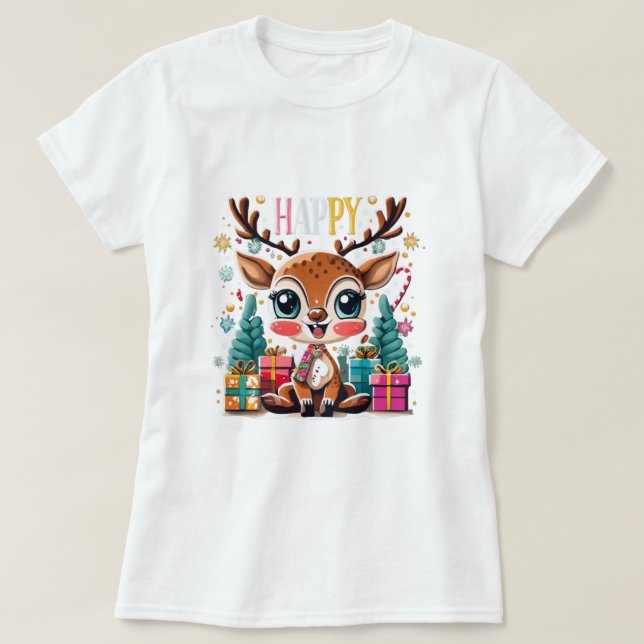 Camiseta árvore de natal com presentes de cores vibrantes,  (Frente do Design)