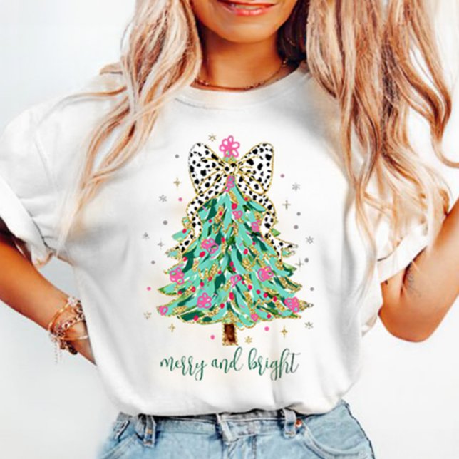 Camiseta Árvore de Natal Coquette Feliz rosa e brilhante (Criador carregado)