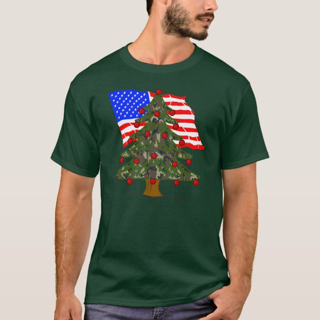 Camiseta Árvore de Natal da Camuflagem Verde com Bandeira A (Frente)