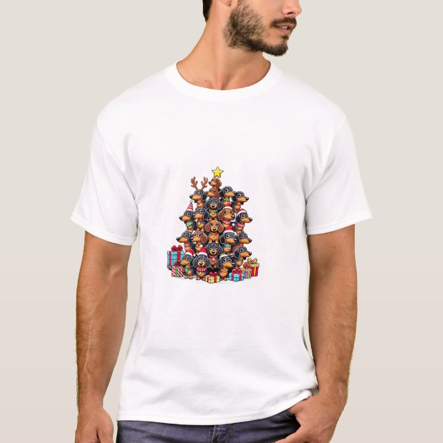 Camiseta Árvore de Natal Dachshund Sausing Cão Sausado (Frente)