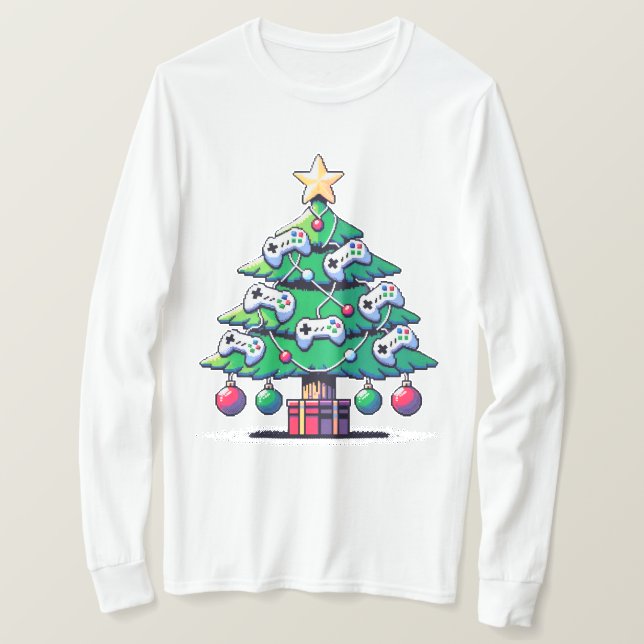 Camiseta Árvore de Natal de 8 bits - Design de Férias do Jo (Frente do Design)