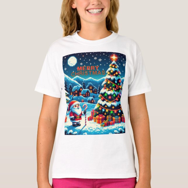 Camiseta Árvore de Natal de 8 bits e Papais noeis (Frente)