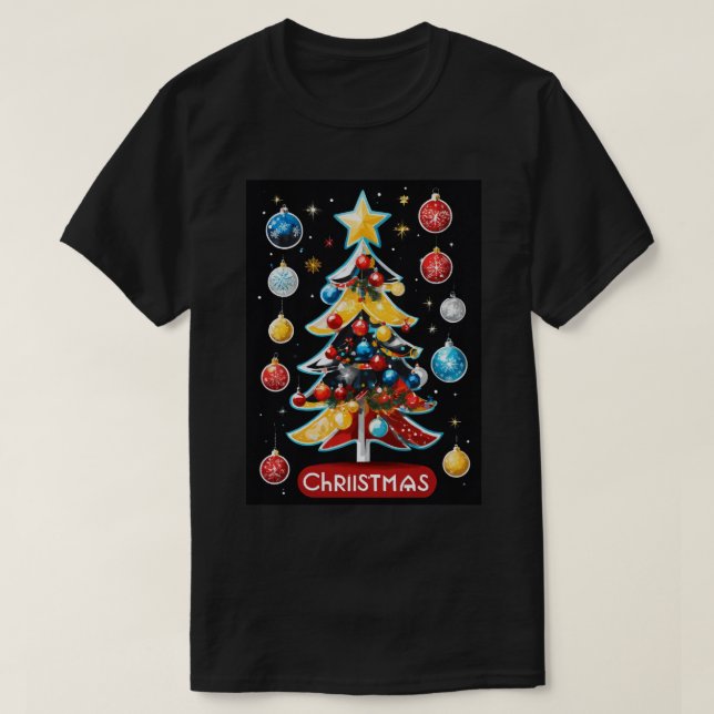 Camiseta árvore de Natal de adesivo plano. (Frente do Design)