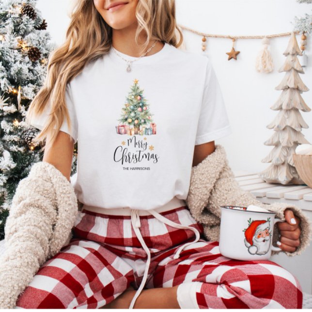 Camiseta Árvore de Natal de Aquarela Elegante Personalizada (Criador carregado)