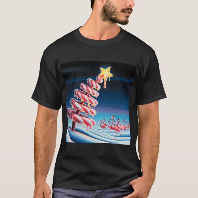 Camiseta Árvore de Natal de Bastão de Doces com Flamingos (Frente)