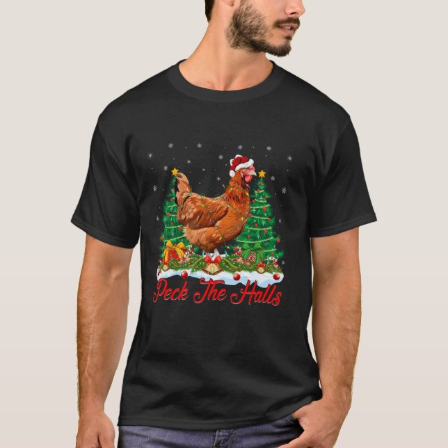 Camiseta Árvore de Natal de Frango Santa Hat Lighting (Frente)