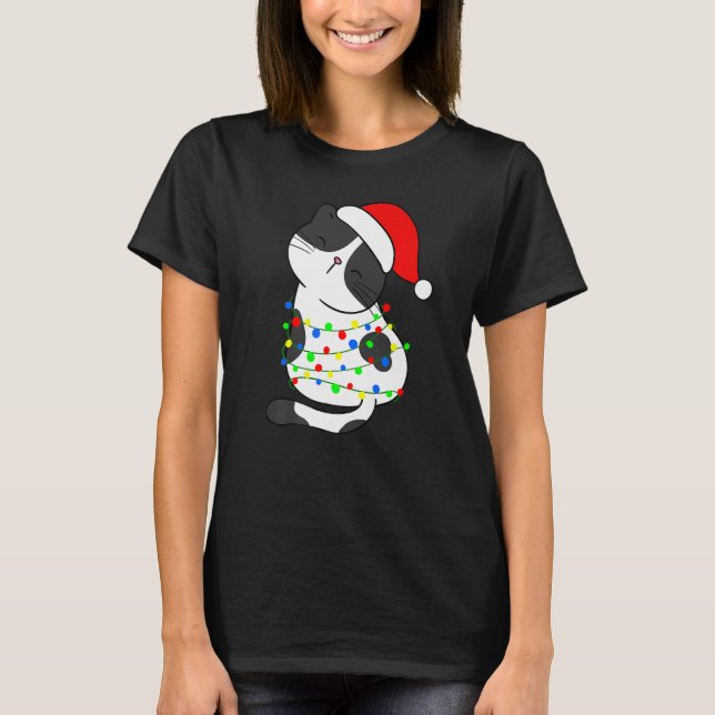 Camiseta Árvore de Natal de Gato Branco Negro Luz Santa Ha  (Frente)