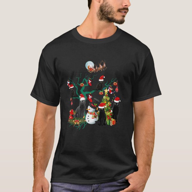 Camiseta Árvore de Natal de Gato Negro Luzes de Natal Gatos (Frente)