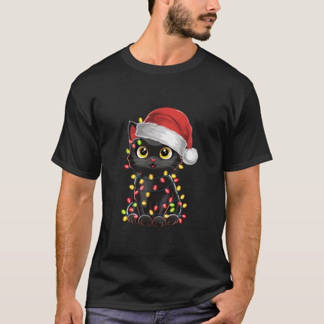 Camiseta Árvore de Natal de Gato Negro Luzes Papais noeis e (Frente)