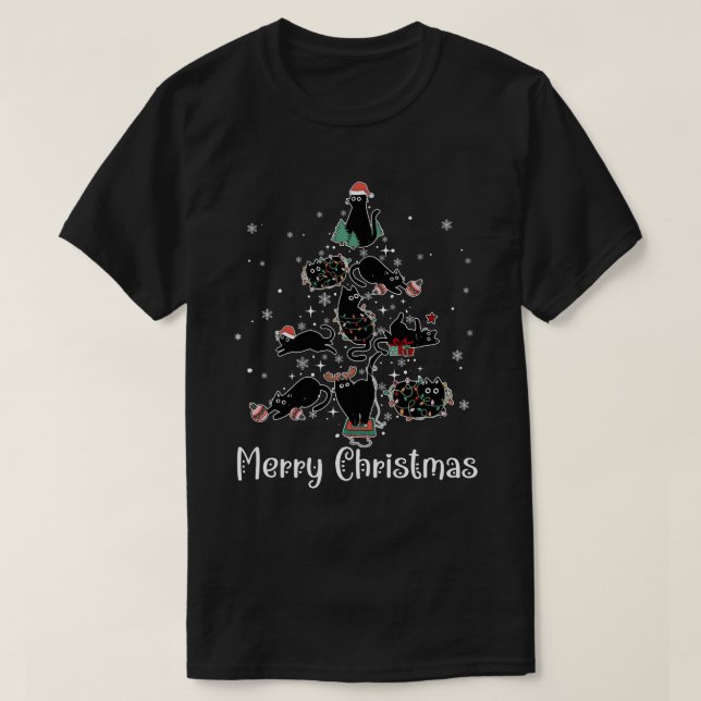 Camiseta árvore de natal de gato preto (Frente do Design)