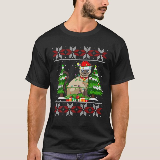 Camiseta Árvore de Natal de Gato Siamês Luzes Feias Doce Sa (Frente)