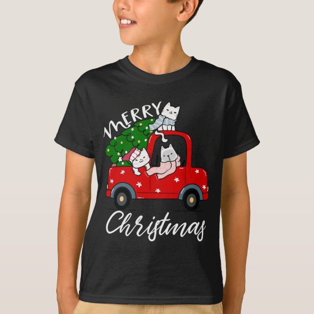 Camiseta Árvore de Natal de Gatos-de-Natal de Caminhão Verm (Frente)