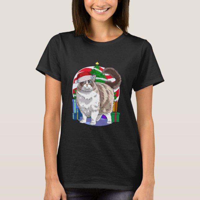 Camiseta Árvore de Natal de Papais noeis de Gato Bonito (Frente)