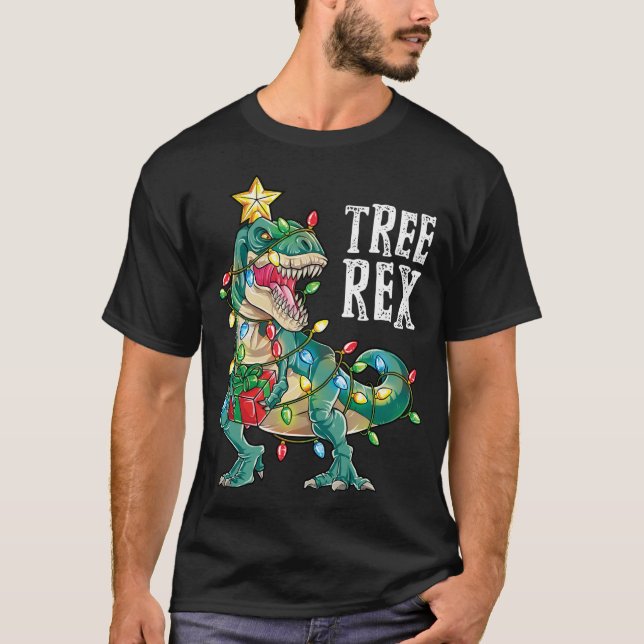 Camiseta Árvore de Natal Dinossauro Rex Pajamas Luzes de Na (Frente)