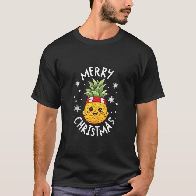 Camiseta Árvore de Natal do Abacaxi Kawaii Luzes Xmas Cubo  (Frente)