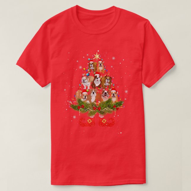 Camiseta Árvore de Natal do Buldogue Luzes de Natal Cachorr (Frente do Design)