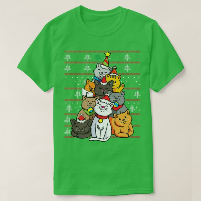 Camiseta Árvore de Natal do Gato Gatos Natal Festa Divertid (Frente do Design)