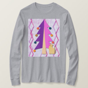 Camiseta Árvore de Natal e Arte de Gato Retro Fofa em Camis