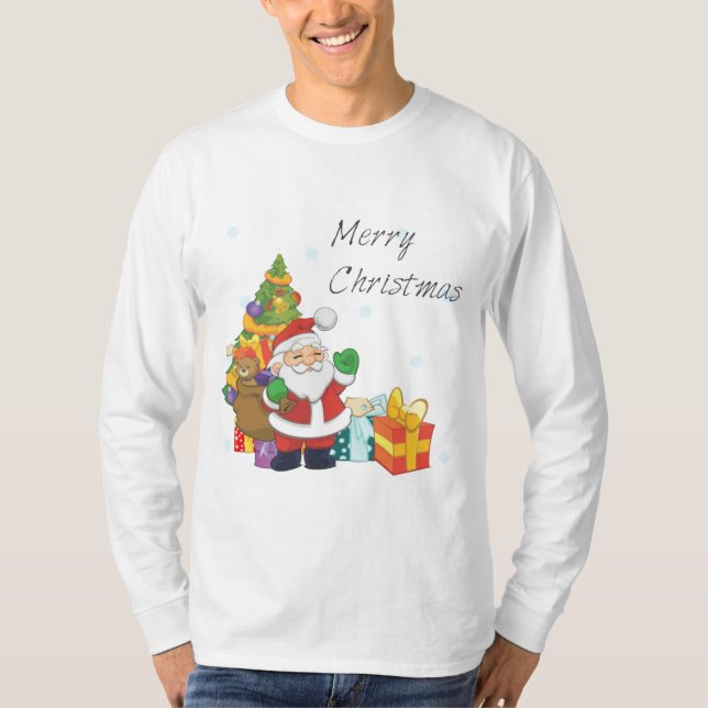 Camiseta Árvore de Natal e Papais noeis Feliz Natal Branco (Frente)