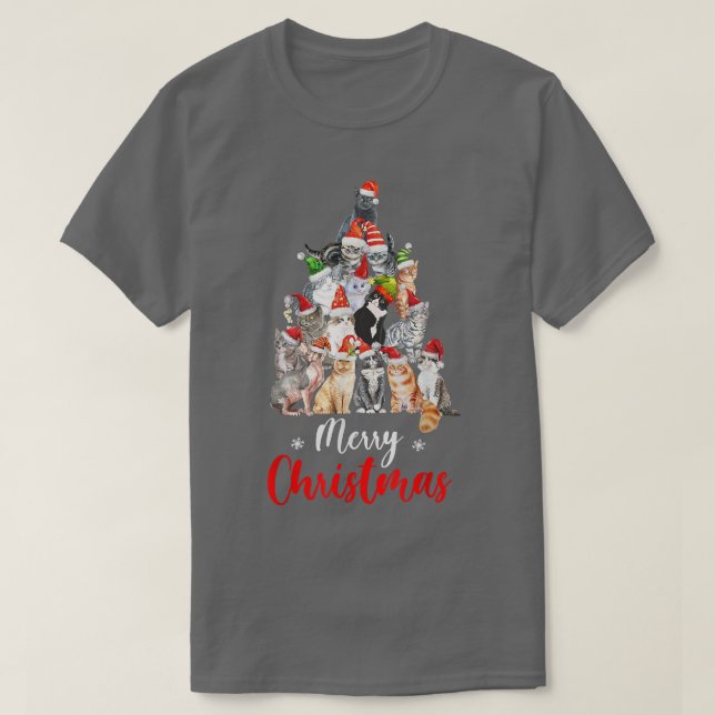 Camiseta Árvore de Natal engraçada com gatos de chapéu de P (Frente do Design)