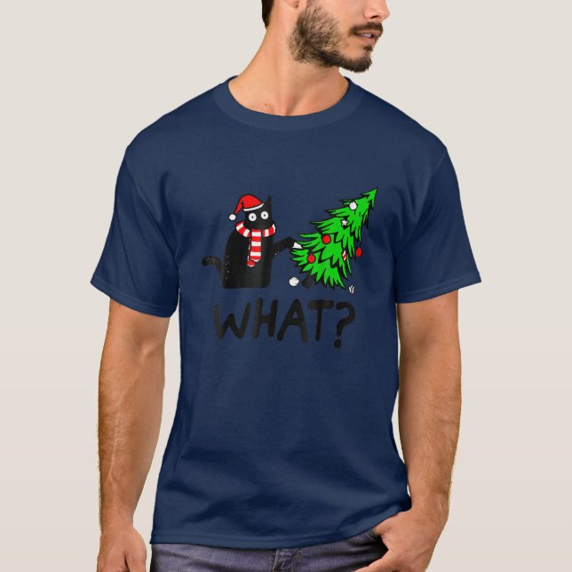 Camiseta Árvore de Natal Engraçada Por Gato Que Presente (Frente)