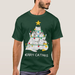 Camiseta Árvore de Natal Feliz Gato Natal Luzes Natal