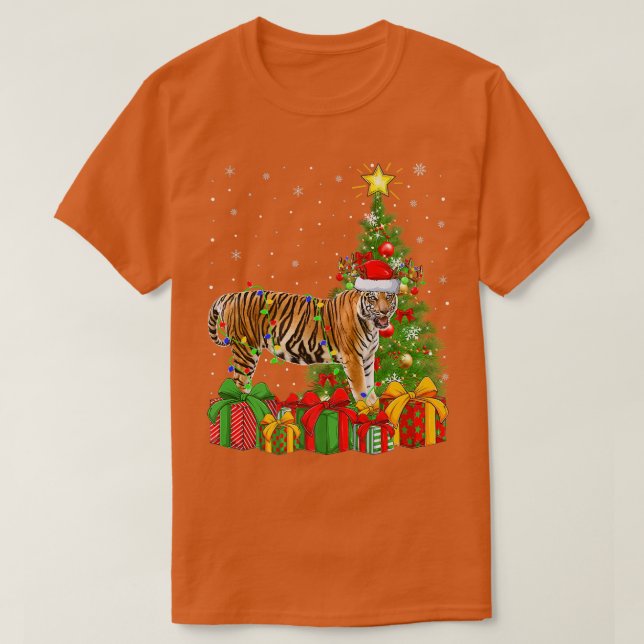Camiseta Árvore de Natal Iluminada Bengal Tiger Papai Noel  (Frente do Design)