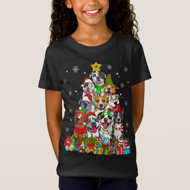 Camiseta Árvore de Natal Luz o Cachorro Pitbuloso Sobre o X (Frente)