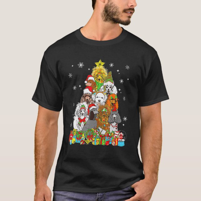 Camiseta Árvore de Natal Luz Poodle Cachorro Xmas Pajama (Frente)