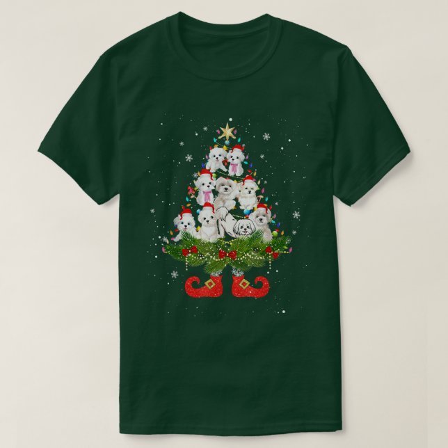 Camiseta Árvore de Natal Maltês Luz Fresca Cachorro de Papa (Frente do Design)