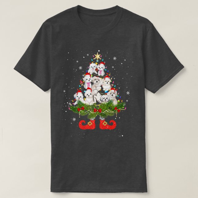 Camiseta Árvore de Natal Maltês Luz Fresca Cachorro de Papa (Frente do Design)